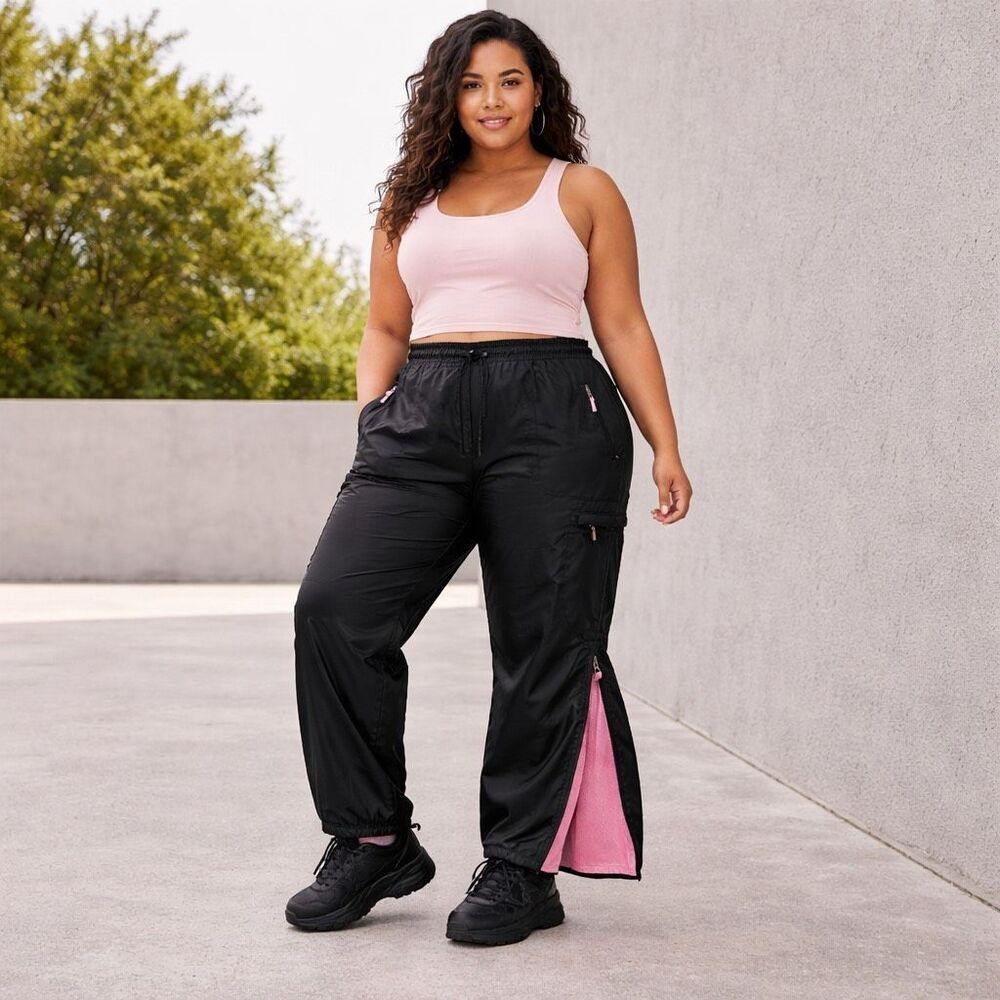 Avenue AVX Ripstop Drawstring Cargo Track Pants women's18 shiny black pink lined